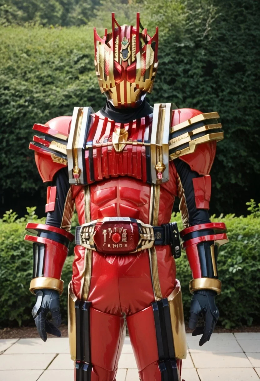 score_9, score_8, score_7, solo, armor, tokusatsu, bodysuit, helmet, rider belt, red armor, gold trim, red bodysuit