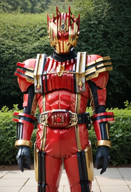 score_9, score_8, score_7, solo, armor, tokusatsu, bodysuit, helmet, rider belt, red armor, gold trim, red bodysuit