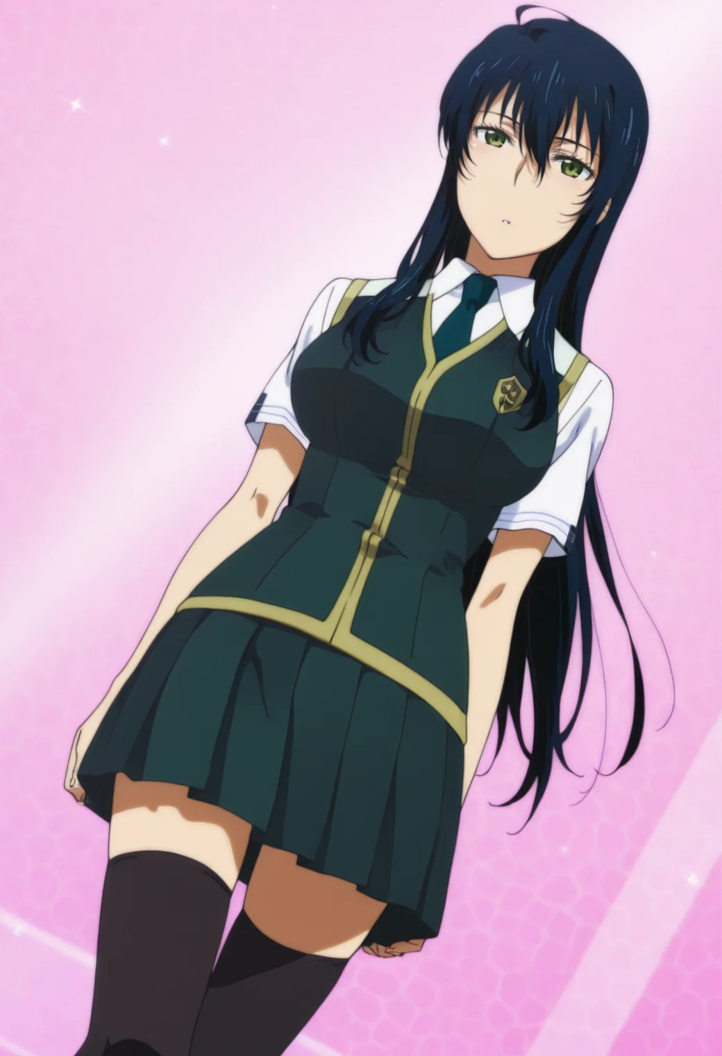 anime screencap, anime coloring, 1girl, solo, <lora:DX888Ayaka:1> kagari ayaka, green eyes, black hair, long hair, school uniform, necktie, skirt, pantyhose, zettai ryouiki, BREAK pink background, mosaic background, BREAK dutch angle, from below, standing,