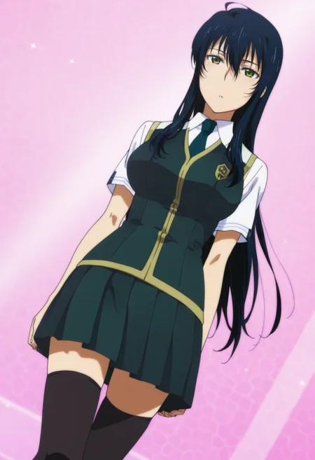 anime screencap, anime coloring, 1girl, solo,  <lora:DX888Ayaka:1> kagari ayaka, green eyes, black hair, long hair, school uniform, necktie, skirt, pantyhose, zettai ryouiki,  BREAK pink background, mosaic background, BREAK dutch angle,  from below, standing,
