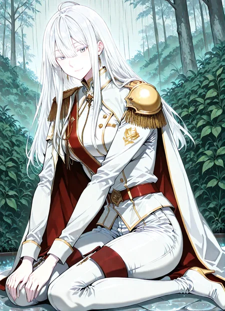 <lora:Varay_Aurae__The_Beginning_After_The_End__Illustrious:1>
1 girl, solo, grey eyes, white hair, long hair, bangs, pale skin, hair between eyes, ahoge,
military uniform, white cape, epaulettes, jewelry, white pants, long sleeves, white thigh boots, thighhighs, high heels, belt, white jacket, red sash, <lora:iLLMythG0thicL1nes:1>
score_9, score_8_up, score_7_up, very aesthetic, source_anime, detailed, high quality, beautiful, detailed eyes, masterpiece, best quality, absurdres, perfect anatomy, 1girl, solo, wariza, sitting, hands on own knees, garden background, charming smile, rain