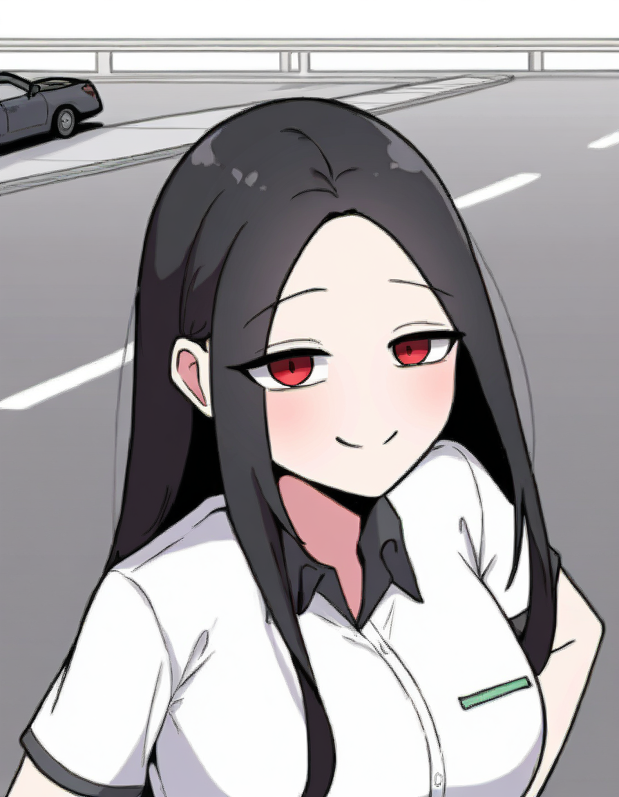 masterpiece, best quality, newest, absurdres, highres, safe,, <lora:yoo-jae-kyung-manhwa-illustriousxl-lora-nochekaiser:1>, yoo jae-kyung, long hair, large breasts, black hair, red eyes, forehead,, skirt, shirt, white shirt, short sleeves, collared shirt, black skirt, pencil skirt, office lady,, parking lot, cars, asphalt, spaces, open, , smug, hands on own hip, looking at viewer, solo,, cowboy shot, solo