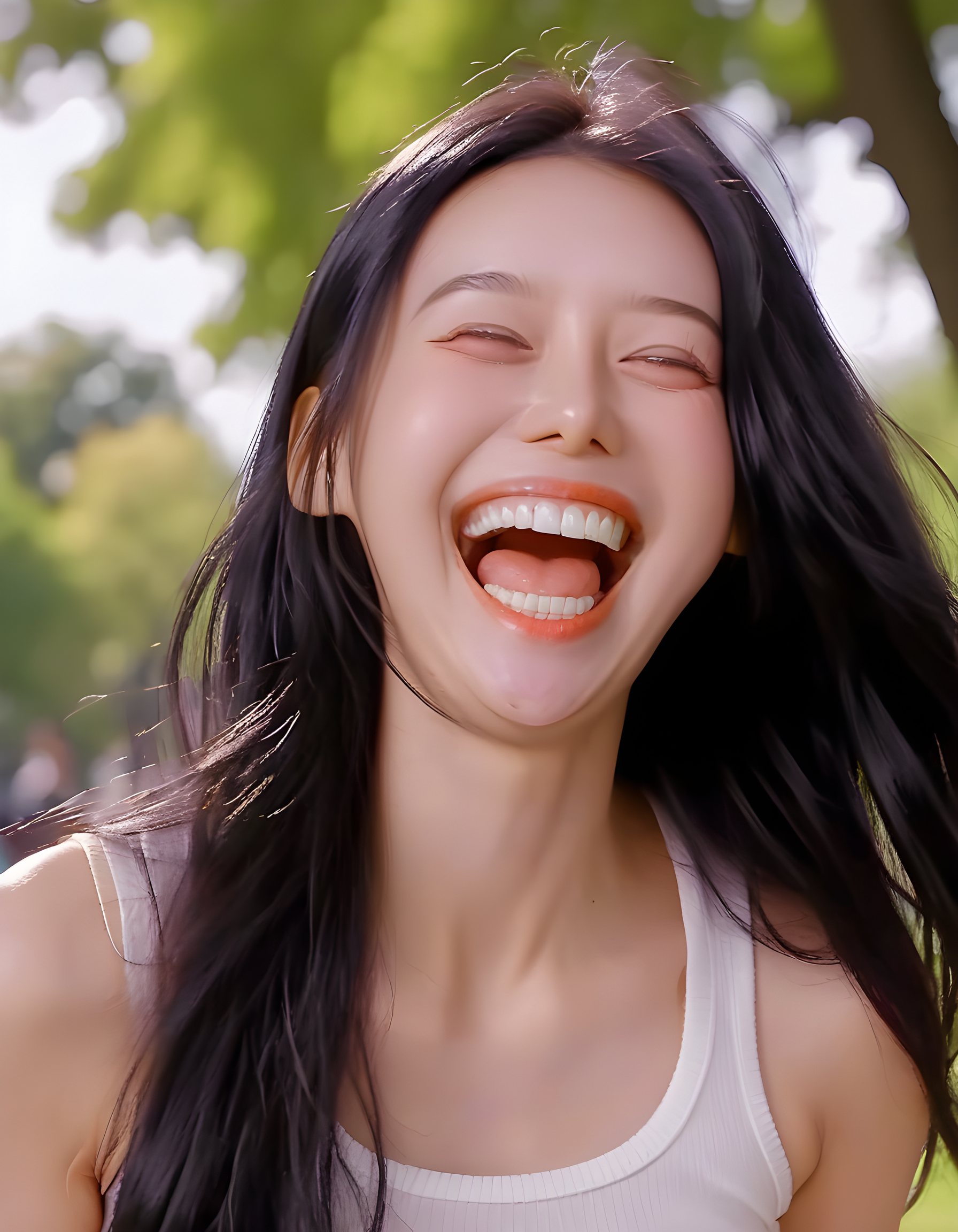 In a bustling city park under the warm, golden glow of early afternoon sun, L334Y _ a vibrant woman with long black hair cascading down her shoulders, her eyes shining with an infectious grin revealing her perfectly white teeth _ is caught mid-laugh while playfully holding up her shirt, the simple background subtly blurred to emphasize her radiant presence and the vibrant energy of the moment. The camera angle is slightly above, capturing the scene from a bird's eye view that accentuates both the park's lush greenery and L334Y's carefree spirit.