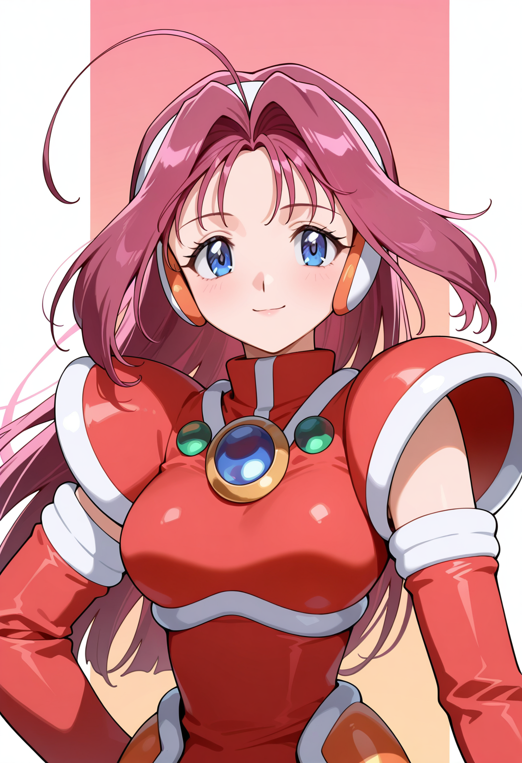 masterpiece, best quality, very aesthetic, absurdres, 1girl, solo,
<lora:corrector_haruna_fire_v01:0.9>, corrector_haruna, fire_element_suit, pink hair, long hair, ahoge, blue eyes,
magical girl, hairband, red armor, red dress, brooch, red elbow gloves, (smile:0.7), posing, upper body