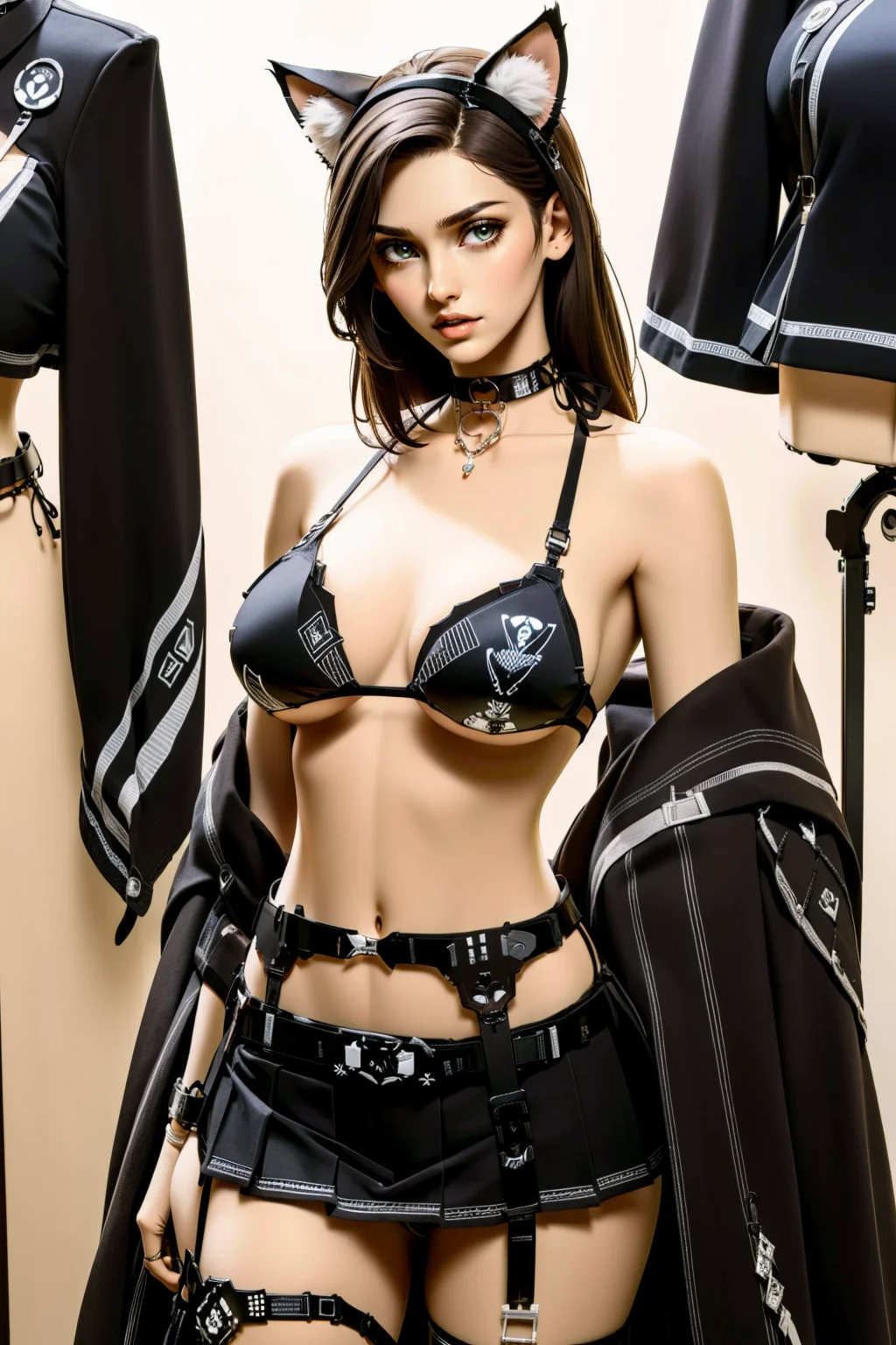masterpiece, best quality, high quality,  <lora:detail_slider_v4:2> <lora:age_slider_v2:3>  <lora:techk1ttyblack:0.9> ttechk1tty, bikini,black bikini, black theme, plastic, lingerie, tech wear, choker, bra, garterbelt, belt, collar, black bikini, half skirt, pleated half skirt, animal ears, cat ears,