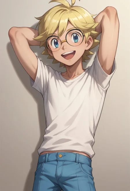 score_9, score_8_up, score_7_up, source_anime, highly detailed, 1boy, solo, male_focus, slender, skinny, cute,
clem_2, 1boy, blonde hair, male focus, glasses, solo, smile, open mouth, arms behind head,