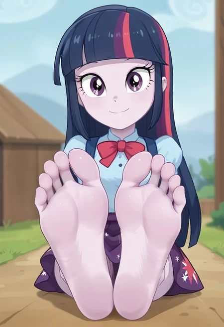 score_9, score_8_up, score_7_up, score_6_up, score_5_up, score_4_up, source_anime, BREAK, (masterpiece:1.4), (best quality:1.2), expressive eyes, perfect face, perfect anatomy, accurate anatomy, perfect feet, perfect soles, 1 girls, feet, soles, toes, foot focus, front view, smile, cute expression, clean feet, sitting, hands on ground, showing feet, barefoot, PONYXL_WaifuFeetPics_ownwaifu, feet, princess twilight sparkle, dark sapphire blue with moderate purple and brilliant raspberry streaks, purple eyes, pale, purple skin, purple skin female, Equestria girls, g4,