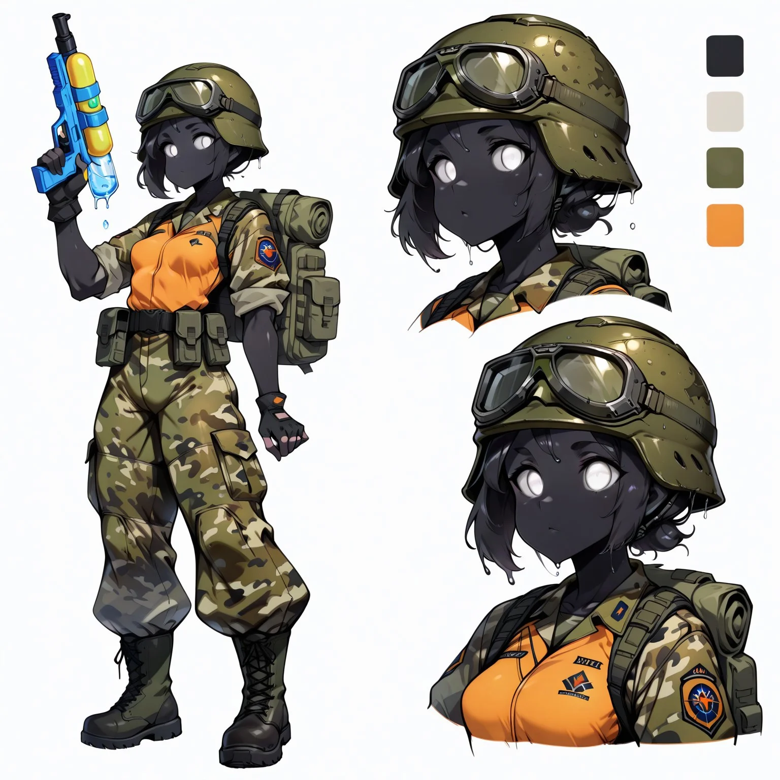 safe_pos, masterpiece, best quality, newest, absurdres, highres, vibrant, highly detailed, mature,
BREAK
1girl, solo, semi-slime girl, black hair, white eyes, glowing eyes, no pupils, small breasts, toned, black skin, camo military fatigues, camo baggy pants, drab green camo clothes, military helmet, goggles on helmet, backpack, ammo pouch, fingerless gloves, combat boots, holding a water gun,
BREAK
CharacterDesignIllustrious, reference sheet, simple white background, (color guide:1.2), (multiple views), (full body), dynamic pose