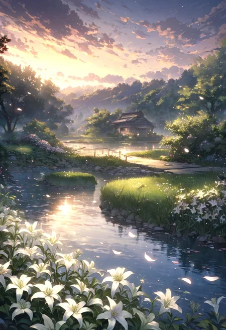 detailed background,( Calm spring night landscape), amongst lush greenery, beautiful view, lily flower in full bloom, lily flower, early morning, sunrise sky, beautiful clouds, dappled sunlight, beautiful, Tranquil Lake, Walkway, petals dancing in the wind, depth of field, masterpiece, best quality, ultra-detailed, very aesthetic, illustration, perfect composition, intricate details, absurdres, moody lighting, wisps of light, no humans,