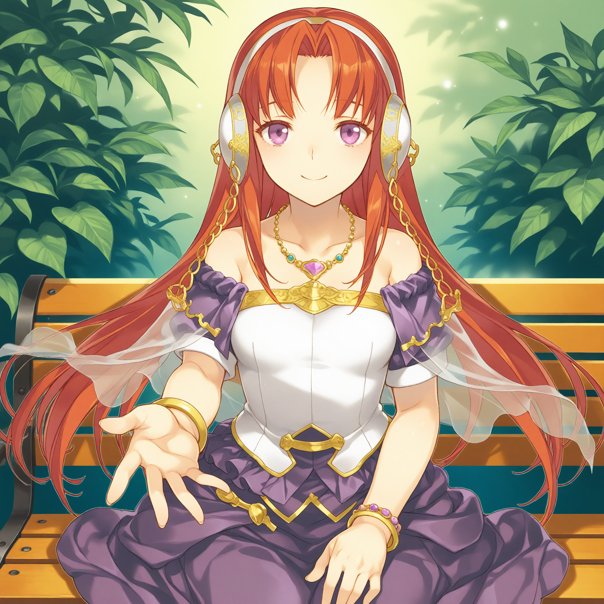 <lora:Willis_Fujisaki_1_nai-000095:1>,Willis Fujisaki,headphones,
official outfit,jewelry,bracelet,necklace,bare shoulders,white dress,purple skirt,short sleeves,purple sleeves,see-through shawl,
1girl,solo,smile,sitting,on bench,front view,looking at viewer,straight-on,reaching towards viewer,
