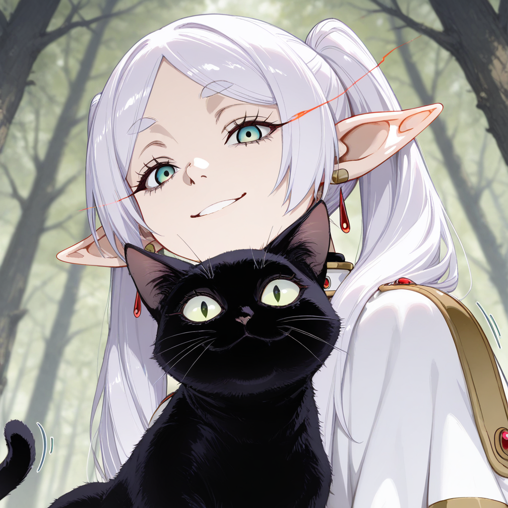 ((masterpiece,amazing quality,best quality,ultra-detailed,perfect composition,detailed face,newest ))), ((8K, 8k skin textures, illustration, amazing quality, realisticshaded and colored)), BREAK Frieren, smiling, holding black cat, enchanted forest,no hand in frame, depth of field, focused subject, close up, stylized, wabi sabi, 1girl, looking at viewer, dynamic angle, from below, from side, relaxing , BREAK ultra-detailed, eyelashes, white sclera, eye trail, Sharp eyes, wide eyes, BREAK very aesthetic, smooth image, (detailed face and eyes), mesmerizing gaze, motion lines, action lines, sharp focus,