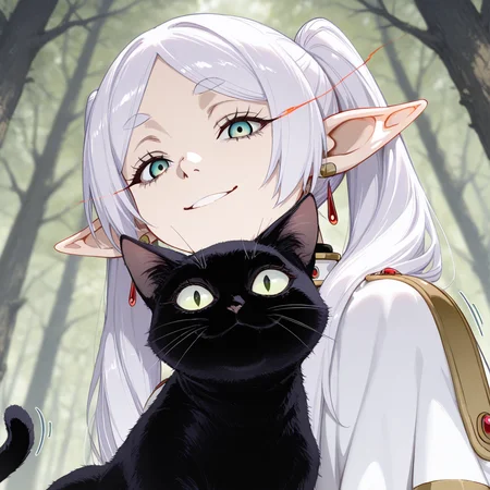 ((masterpiece,amazing quality,best quality,ultra-detailed,perfect composition,detailed face,newest ))), ((8K, 8k skin textures, illustration, amazing quality, realisticshaded and colored)), BREAK Frieren, smiling, holding black cat, enchanted forest,no hand in frame, depth of field, focused subject, close up, stylized, wabi sabi, 1girl, looking at viewer, dynamic angle, from below, from side, relaxing , BREAK ultra-detailed, eyelashes, white sclera, eye trail, Sharp eyes, wide eyes, BREAK very aesthetic, smooth image, (detailed face and eyes), mesmerizing gaze, motion lines, action lines, sharp focus,