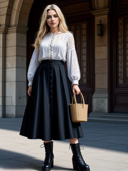 <lora:LCM_LoRA_Weights_SD15:1>
Vickie_Zane,
peasant blouse with a full midi skirt, a pair of heeled clogs or lace-up boots, and a basket bag,
The Tower of Shadows,