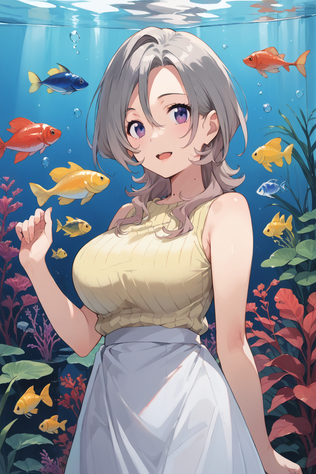 score_9, score_8_up, score_7_up, , source_anime, 1girl,   chiyuhaebaru, grey gradient hair, yellow sweater, white skirt, sleeveless sweater, long skirt,  mole on neck, White hair, purple eyes, ribbed sweater, large breasts, medium hair, smile,  <lora:chiyuhaebaru_pony:1>, (cowboy shot:1.5),   looking at viewer, aquarium, ,  sidelighting, open mouth,  hand up,