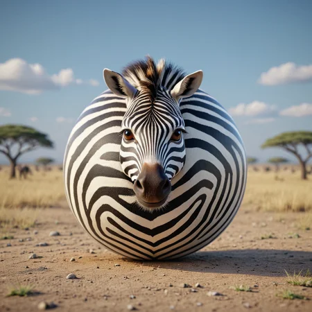 3D render of a sphrml spherical round zebra on the plains of africa<lora:spherimal:1>