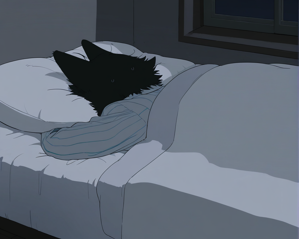 solo,sweat,lying,pillow,white shirt,under covers,bed,sleeping,blanket,indoors,(pajamas:1.1),(form side:1.2),
wolf boy,1boy,furry male,wolf ears,solo,white fur,(black fur:1.2),two tune fur,night,dark,
(((masterpiece, best quality, amazing quality, very aesthetic,highres, absurdres))),newest,very awa,highres,
<lora:lookback-noob10-v2-000030>,