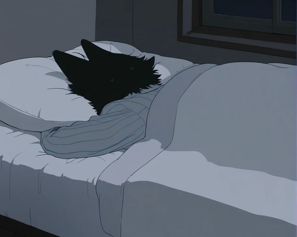 solo,sweat,lying,pillow,white shirt,under covers,bed,sleeping,blanket,indoors,(pajamas:1.1),(form side:1.2),
wolf boy,1boy,furry male,wolf ears,solo,white fur,(black fur:1.2),two tune fur,night,dark,
(((masterpiece, best quality, amazing quality, very aesthetic,highres, absurdres))),newest,very awa,highres,
<lora:lookback-noob10-v2-000030>,