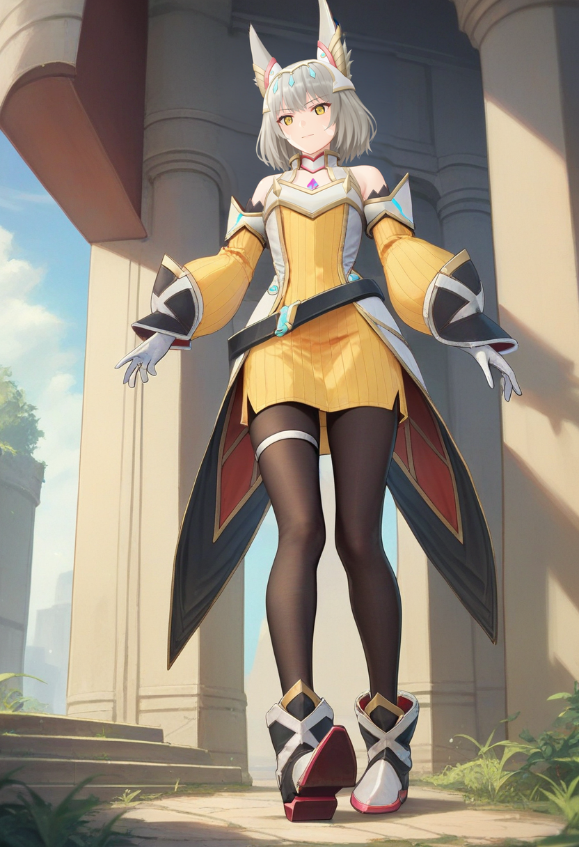 score_9, score_8_up, score_7_up, 1girl, solo, full body, lifesage, tailcoat, detached sleeves, black belt, opaque tights, single thighband, yellow dress, white gloves, flared shoes, face marks, yellow eyes, nia jewel, bob cut, fox ears, tiara, nia, outdoors <lora:nia xl 062 fro 95:1>
