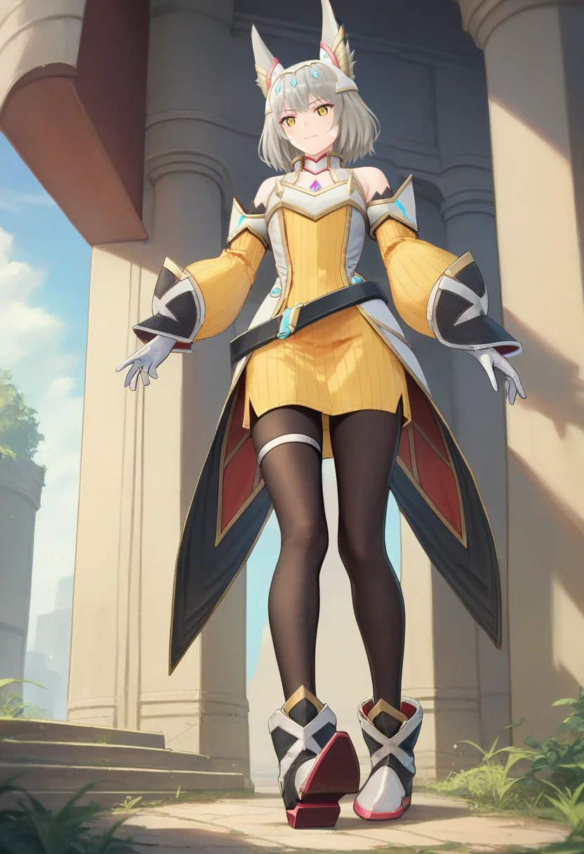 score_9, score_8_up, score_7_up, 1girl, solo, full body, lifesage, tailcoat, detached sleeves, black belt, opaque tights, single thighband, yellow dress, white gloves, flared shoes, face marks, yellow eyes, nia jewel, bob cut, fox ears, tiara, nia, outdoors <lora:nia xl 062 fro 95:1>