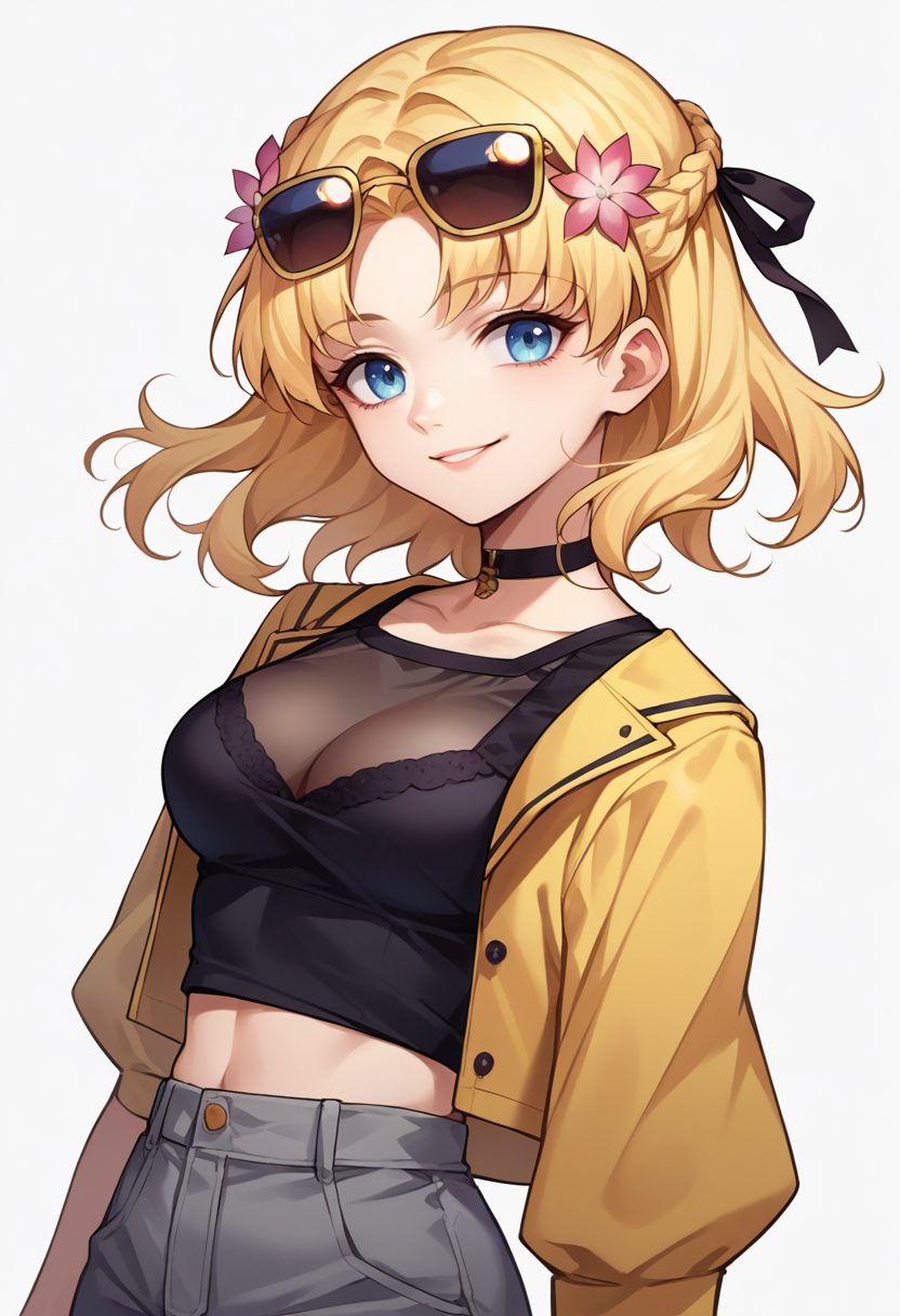score_9, score_8_up, source_anime, 1girl, solo, MariaCampbell, medium hair, hair flower, hair ribbon, parted bangs, black shirt, upper body, eyewear on head, sunglasses, grey pants, midriff, see-through cleavage, yellow jacket, black choker, smile, simple background, white background, <lora:ChamMariaCampbellPonyXL:1>