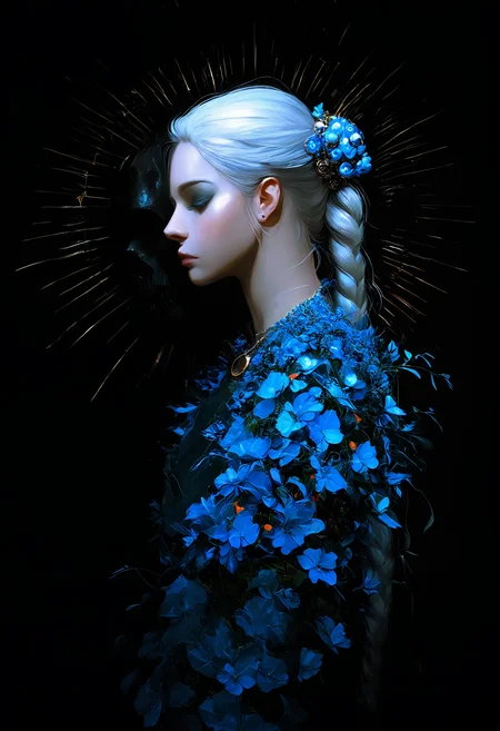 1girl, solo, long_hair, hair_ornament, dress, jewelry, closed_mouth, closed_eyes, upper_body, braid, flower, white_hair, hair_flower, necklace, from_side, lips, eyelashes, single_braid, profile, makeup, black_background, eyeshadow, blue_flower, skull, braided_ponytail, nose, skeleton, orange_flower, 748cmstyle,seb mckinnon , masterpiece, best quality, amazing quality, very aesthetic, absurdres, newest, detailed, realistic, scenery, (volumetric lighting)