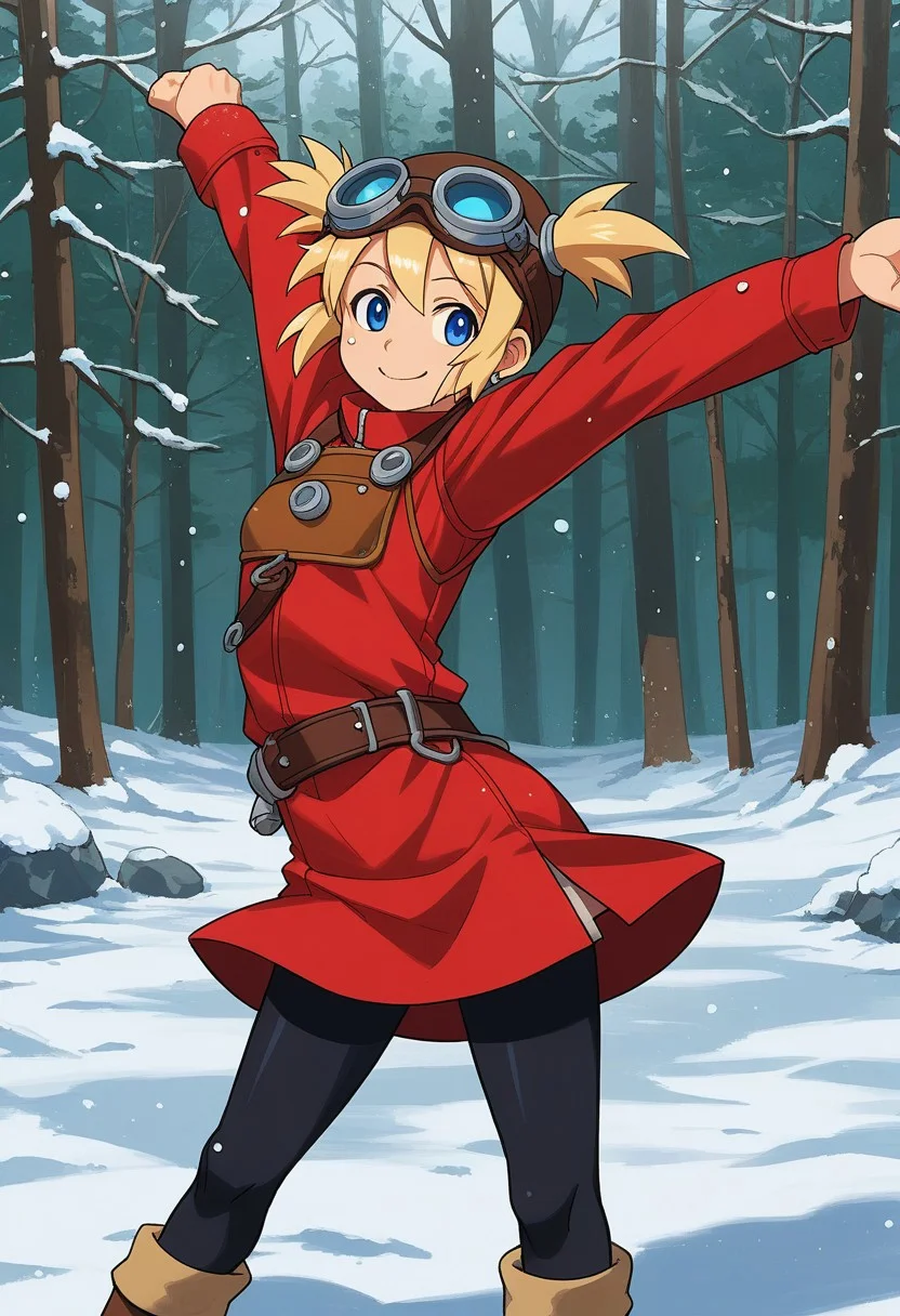 score_9, score_7_up, source_anime, BREAK solo, Pratty, blue eyes, short hair, light blonde, short twintails, hair through headwear, goggles, brown headwear, red shirt, short over long sleeves, black long sleeves, red skirt, black pantyhose, leather breastplate, brown footwear, smile, cold forest, taiga, snow, stretching,