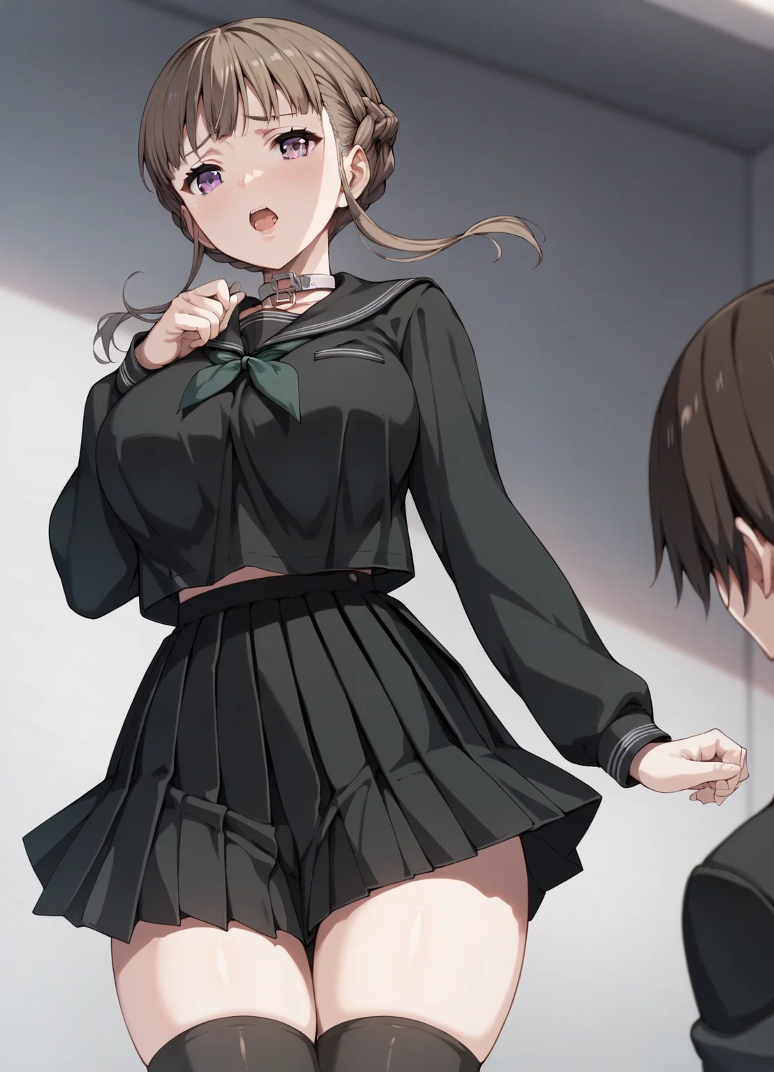 score_9, score_8_up, score_7_up,source_anime,uncensored,cowboy shot,
<lora:euphoria-style:0.8> euphoria-style, 1girl, brown hair,braid,purple eyes, large breasts, open mouth, thighhighs, solo focus, collar, school uniform, pleated skirt, black uniform,