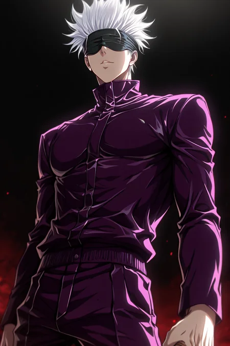 gojou satoru, white hair, purple pants, high collar, blindfold, covered eyes, black blindfold, purple jacket, purple pants, 1boy, solo, alone,<lora:dark_art_style_illustriousXL:1>, dark_art_style, masterpiece, highres