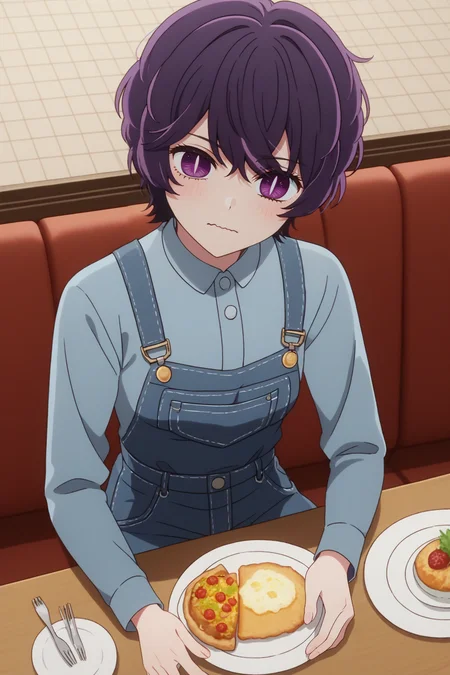sscore_9, score_8_up, score_7_up, source_anime, 1girl, prefect lighting, very aesthetic, intricate details, highly detailed background, masterpiece, high quality, prefect hands, best quality, solo,
<lora:Abiko_Samejima_Oshi_No_Ko_V1:.85>, KJOabiko, purple hair, purple eyes, slit pupils, short hair,
long sleeves, blue overalls,
embarrassed, looking to the side, sitting, at booth, head tilt, pov across table, wavy mouth,
restraunt, dinner,
(Beautiful, small Breasts:1.2), natural breasts,