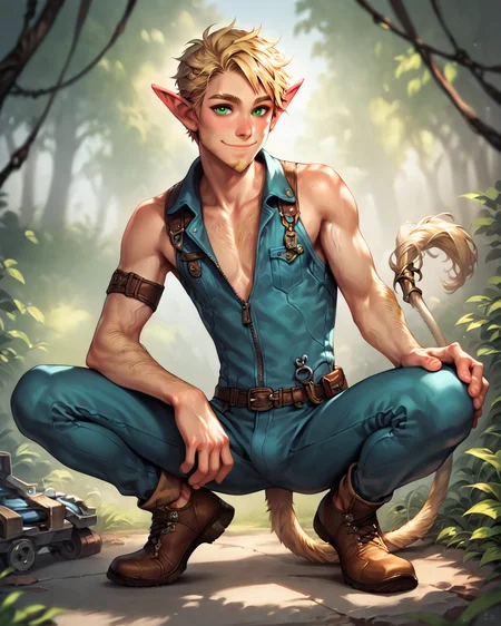 score_9, score_8_up, score_7_up, intricate details, rating_questionable, detailed face,
,
<lora:Lurien:0.8>,
1boy(Lurien, looking at the viewer, green eyes, blond arm hair, blond leg hair, blond tail with blond tail tuft, solo, cowboy shot,
squatting,
mechanic, jumpsuit,
friendly expression, slight smile),
8k,
fantasy setting, in a small meadow of a magical forest, sunshine,
depth of field, detailed background,
<lora:ral-chrosc-clr:0.5>, ral-chrosc-clr,
<lora:Expressive_H:0.5>, expressiveH,
<lora:xl_more_art-full_v1:0.3>,
<lora:add-detail-xl:0.3>