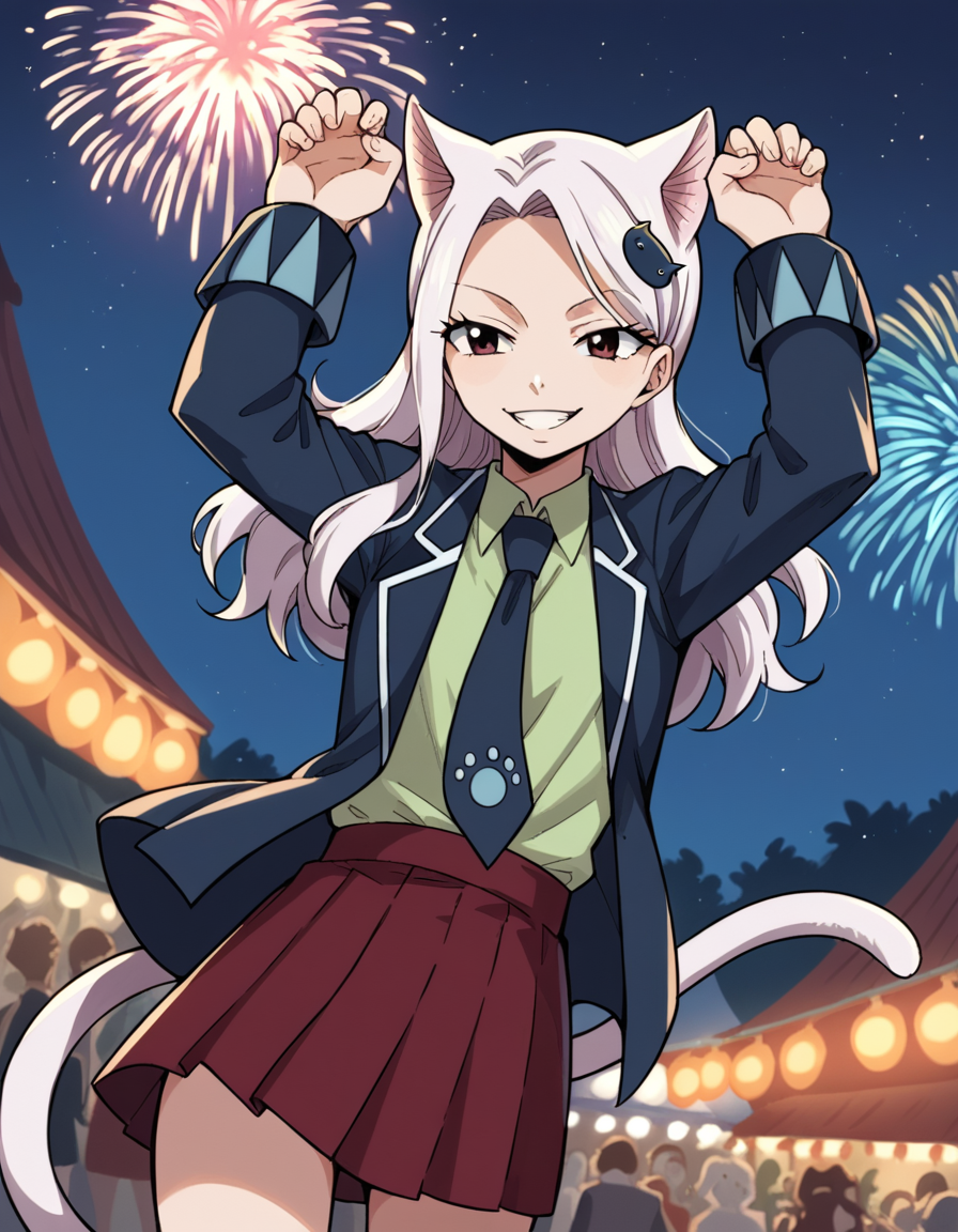 score_9, score_8_up, score_7_up, source_anime, <lora:fairytail-carla-anime-ponyxl-lora-nochekaiser:1>, fairy tail carla, long hair, hair ornament, animal ears, brown eyes, white hair, cat ears,, skirt, school uniform, jacket, tail, necktie, red skirt, shirt, green shirt, collared shirt, long sleeves,, festival, fireworks, summer night, food stall, traditional, arms up,, smile, , hand shaking hands, solo,, cowboy shot, dutch angle