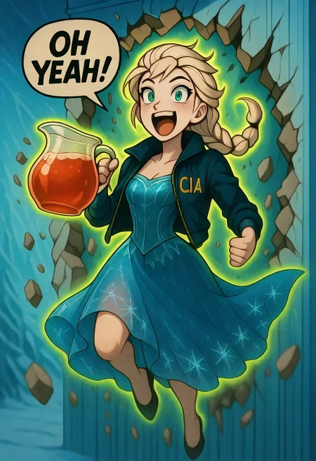 embedding:IllusP0s, OH YEAH!, breaking through wall, holding pitcher, speech bubble, debris, 1girl, (solo:1.3),  Elsa_\(Frozen\), blue dress, single blonde braid, cia jacket, green aura, glowing, open mouth, happy,  falling, surprised, motion blur, blurry background