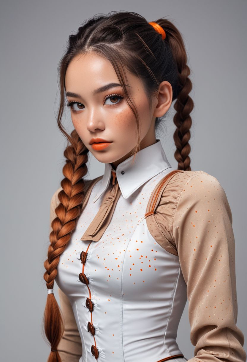 score_9, score_8_up, score_7_up, score_6_up, score_5_up, score_4_up, 1woman, , RAW photo, (freckles:0.8), long braided top ponytail, Brunette hair with orange tips, medium close-up shot front view, White  latex corset (busty 44d:1.5), extremely detailed, beautiful detailed neon orange speckled eyes, full lips, almond skin, neutral expression, neutral gray background, studio lighting , in the style of (kyuYong Eom:1.0)