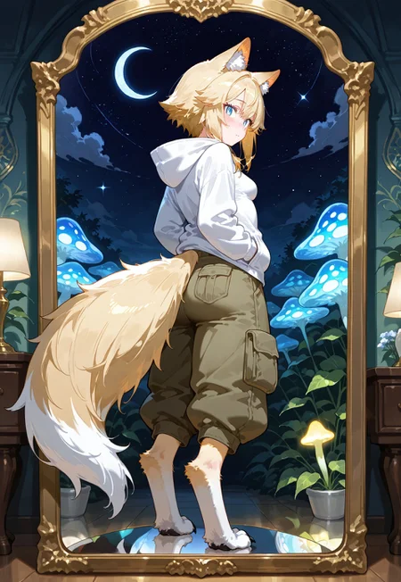 General, masterpiece, best quality, amazing very aesthetic, absurdres, warm lighting, soft focus, highly detailed, intricate textures, realistic shading, detailed background, (Jyuu Ayakura)

BREAK

1woman:[shy, blush, wolf fangs, chubby body, (woman), (very short blonde hair), hair styled back, blue eyes, slit pupils, small breasts, cargo pants, hoodie, (hood on), fluffy blonde wolf tail, fluffy wolf ears, earfluff, animal hands, animal legs, (digitigrade legs), (blonde body fur:1.5)]

BREAK

(pov mirror:1.5), (reflection only:1.5), (pov reflection:1.5), (only mirror:1.5), Wonderland, glowing mushrooms, glowing plants, night, crescent moon, stars 

Fluffy, tuft, detailed fur 