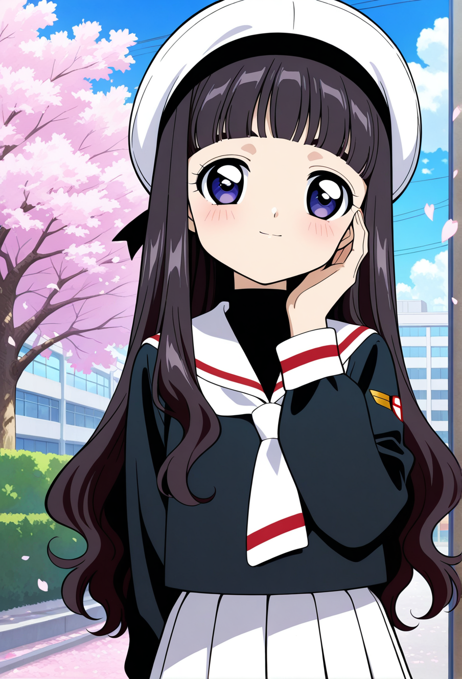 park, sakura tree, flower petals, clouds, cityscape, day,
BREAK,
light smile, hand on cheek, blush,
cowboy shot, dynamic angle,
BREAK,
<lora:tomoyoS_illustriousXL_v03:0.9>
tomoyodef, black hair, blunt bangs, tomoeda elementary school uniform, long hair, purple eyes, black shirt, sailor collar, school uniform, white neckerchief, white sailor collar, long sleeves, white beret, straight hair, blue eyes,, source_anime, very aesthetic, anime coloring, masterpiece, 
best quality, amazing quality, ultra detailed, very aesthetic, 
detailed background, 
BREAK,
