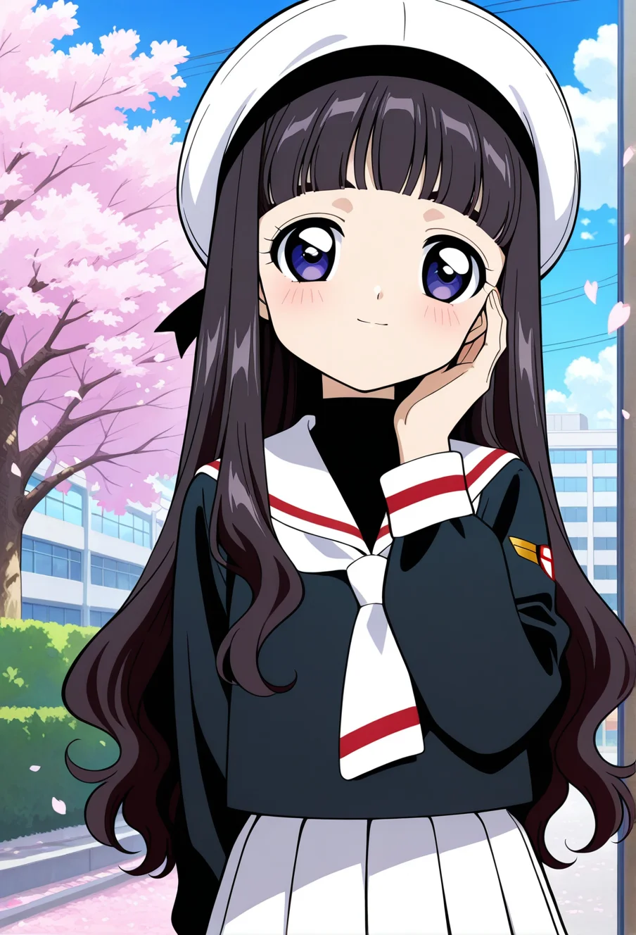 park, sakura tree, flower petals, clouds, cityscape, day,
BREAK,
light smile, hand on cheek, blush,
cowboy shot, dynamic angle,
BREAK,
<lora:tomoyoS_illustriousXL_v03:0.9>
tomoyodef, black hair, blunt bangs, tomoeda elementary school uniform, long hair, purple eyes, black shirt, sailor collar, school uniform, white neckerchief, white sailor collar, long sleeves, white beret, straight hair, blue eyes,, source_anime, very aesthetic, anime coloring, masterpiece,
best quality, amazing quality, ultra detailed, very aesthetic,
detailed background,
BREAK,