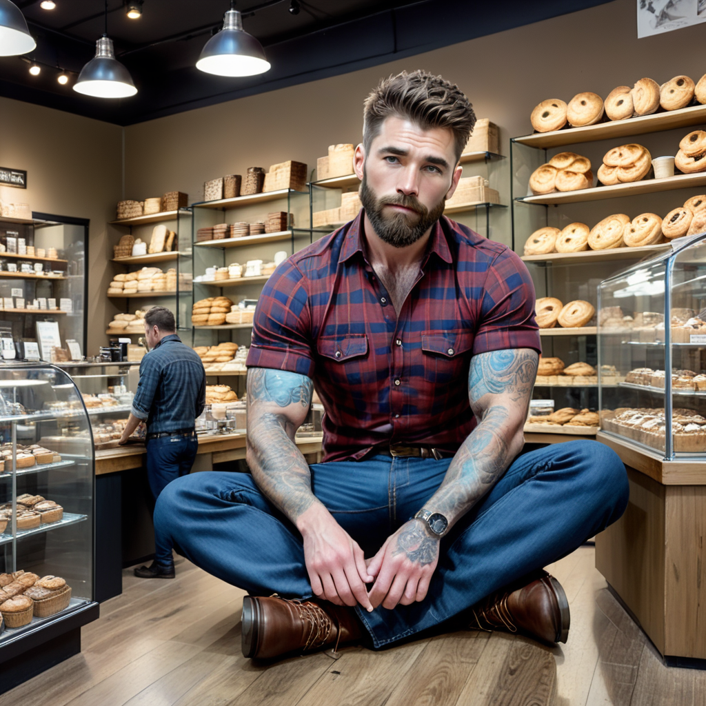 (best quality), (masterpiece), ultra-detailed, illustration, a scene involving one (mesogts) minigts bearded man, man sitting on floor, looking at viewer, 30 year old,short combed back brown hair, (red tight button down plaid shirt), (blue jean pants), (tattoos),  brown leather boots,  inside coffeeshop, leaning against checkout counter, arms draped over glass display cases full of pastries, people causally dressed in background,  shelves of coffee bean bags, shelves of mugs and cups and travel cups, busy baristas, dynamic light, dynamic pose, dynamic light, tall long faux hawk hair, Scottish-German face, 8k uhd, dslr, soft lighting, high quality, film grain, Fujifilm XT3, sharp focus, F/8.0, (long shot),  <lora:minigts_sdxl_64:1>