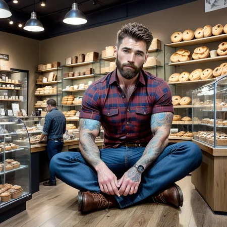 (best quality), (masterpiece), ultra-detailed, illustration, a scene involving one (mesogts) minigts bearded man, man sitting on floor, looking at viewer, 30 year old,short combed back brown hair, (red tight button down plaid shirt), (blue jean pants), (tattoos), brown leather boots, inside coffeeshop, leaning against checkout counter, arms draped over glass display cases full of pastries, people causally dressed in background, shelves of coffee bean bags, shelves of mugs and cups and travel cups, busy baristas, dynamic light, dynamic pose, dynamic light, tall long faux hawk hair, Scottish-German face, 8k uhd, dslr, soft lighting, high quality, film grain, Fujifilm XT3, sharp focus, F/8.0, (long shot), <lora:minigts_sdxl_64:1>