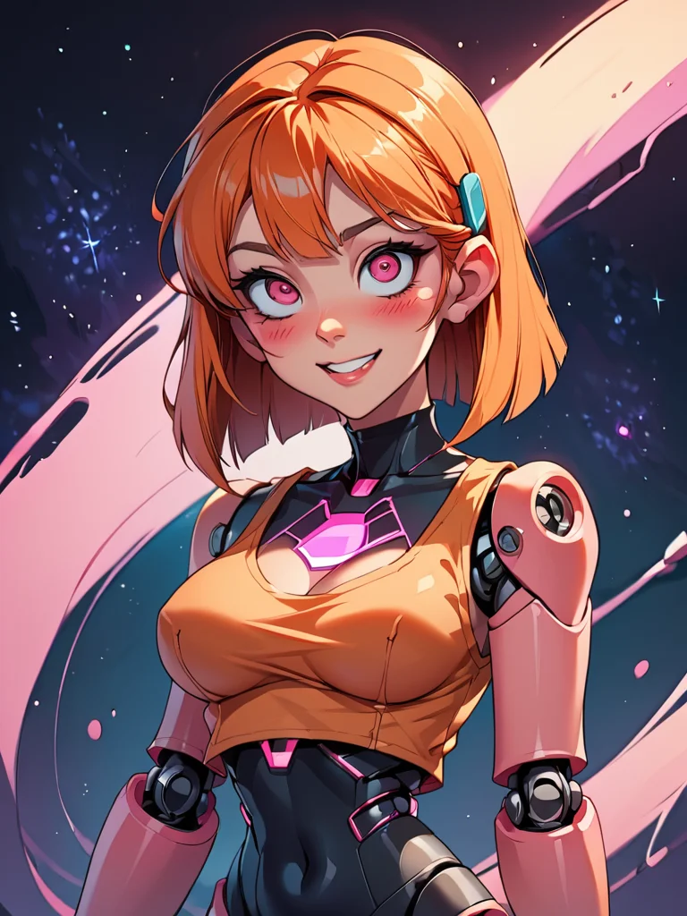<lora:yousam-style-07:1> yousam-style,source_anime, futurenijiimadness, robot girl, Blossom (Powerpuff girls), orange hair, bow, pink eyes,(robot joints, intervention unit, very complex robot, glowing chest:1.2), solo, large breasts, bangs, arched back, dark eyes, too tight burgundy hoodie, cosmic background, smile, blush, covered face, carbon tank top, fingerless gloves, mechanical fingers ,ultra detailed,, score_9, score_8_up, score_7_up,, zPDXL, zPDXL