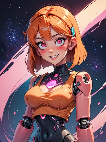 <lora:yousam-style-07:1> yousam-style,source_anime, futurenijiimadness, robot girl, Blossom (Powerpuff girls), orange hair, bow, pink eyes,(robot joints, intervention unit, very complex robot, glowing chest:1.2), solo, large breasts, bangs, arched back, dark eyes, too tight burgundy hoodie, cosmic background, smile, blush, covered face, carbon tank top, fingerless gloves, mechanical fingers ,ultra detailed,, score_9, score_8_up, score_7_up,, zPDXL, zPDXL