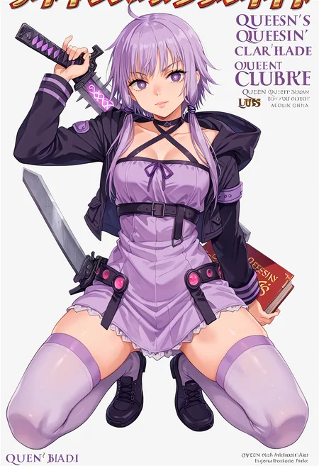 <lora:1_QB_Title_PONY_V1:1>(qb_title:1.2), (Title logo:1.2), Title Text, cover, zoom layer, Multi-layer, character name, author name, copyright name, watermark, simple background, white background, book cover, game cover,
1girl, solo, (full body), long shot, afterimage, look at viewer,
weapon, armor,
((Chainsaw, purple chainsaw,))on one knee,
<lora:YuzukiYukari_MMD_V1:0.7> yuzuki yukari, purple eyes, short hair with long locks, purple hair, hair ornament,
black criss-cross halter, purple dress, purple thighhighs, black jacket, hooded jacket, long sleeves,
(nsfw:1), (Uncensored:1), score_9, score_8_up, score_7_up, score_6_up, score_5_up, score_4_up,