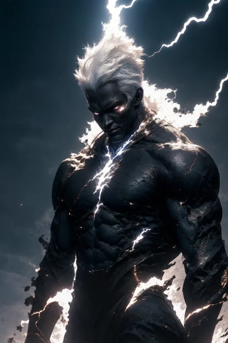 black humanoid made of rock, upper body, barechested, male,  ((masterpiece, best quality)),  <lora:more_details:0.3>, cracked skin, white electricity coming through cracks, muscular male, (dragonborn:0.6), white hair
outdoors, detailed background <lora:dragonborn_offset:0.6> <lora:r1ge - AnimeRage:1> <lora:Cracked Skin:1.2>
, depth of field