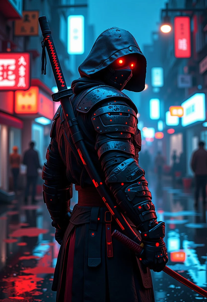 A glamor shot of a ninja. Ninja has 1 single sword behind his back. Cyberpunk, surrounded by neon city lights, realistic, realistic, dark, moody, highly detailed, octane, humid, dense atmosphere, epic, dramatic, empty, creepy, CCTV footage, photorealistic, ultra rich detail, photos by Irakli Nadar and Reilia Slaby , bokeh, particles, ultra-detailing, science fiction, intricate art masterpiece, ominous, matte film poster, golden ratio, cgsociety trends, intricate, epic, artstation trends, by artgerm, h. р. Giger and Beckinski, high detail, vivid, cinematic character rendering, ultra high quality model.
Translated with DeepL.com (free version)