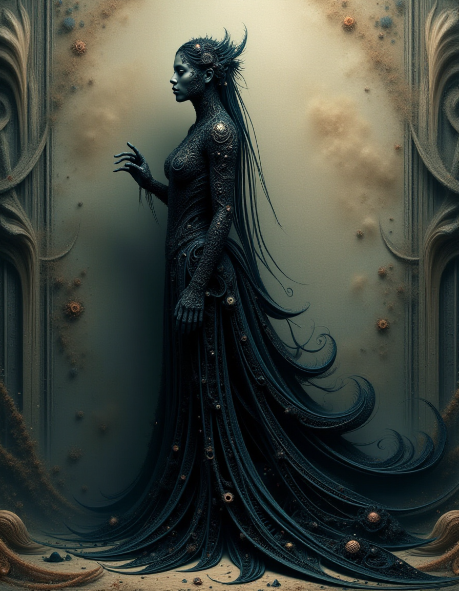 A solitary female ral-frctlgmtry figure, swathed in an impeccably rendered panoply of dark, painterly hues, stands against an ethereal, texturally rich backdrop<lora:ral-frctlgmtry_flux:1>