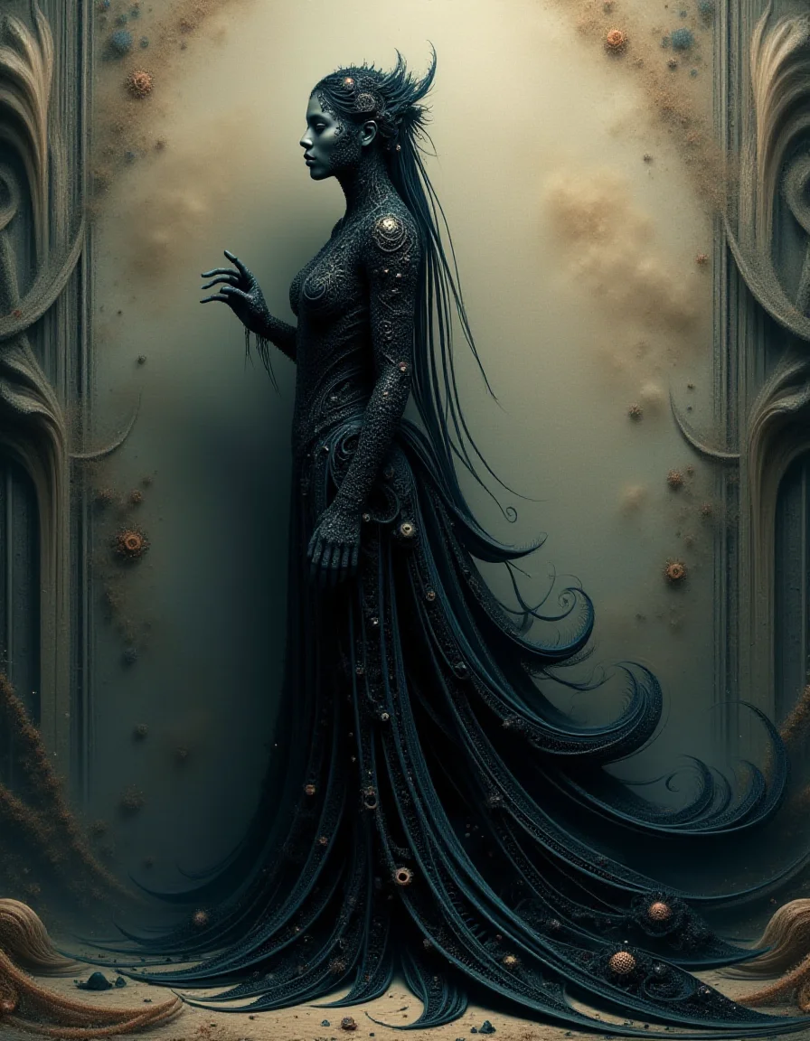A solitary female ral-frctlgmtry figure, swathed in an impeccably rendered panoply of dark, painterly hues, stands against an ethereal, texturally rich backdrop<lora:ral-frctlgmtry_flux:1>