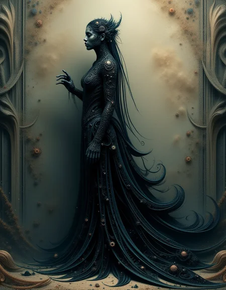 A solitary female ral-frctlgmtry figure, swathed in an impeccably rendered panoply of dark, painterly hues, stands against an ethereal, texturally rich backdrop<lora:ral-frctlgmtry_flux:1>