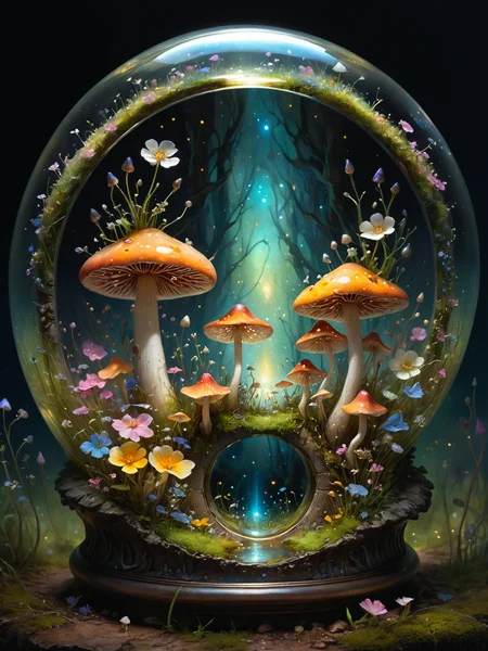 magical terrarium filled with fine tiny flowers and blossoms integrated in a translucent glass ring portal, whimsical mushroom inside, glowing fireflies, detailed oil painting by Marc Simonetti and Anton Fadev, photorealism, amazing depth, beautiful art, maximalism, fantasy concept art, hyperdetailed,depth of field, colors of a flowering meadow, dark light, stunning masterwork by head of prompt engineering, hyperkraximalism <lora:hyperkraximalism_v1-1:0.3>