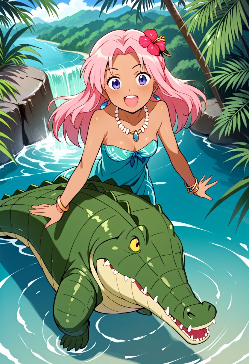Tick tock crocodile,male animal focus,tail, crocodile ,large mouth open ,green skin, blue eyes, Tick Tock the crocodile is giant and very huge size,teeth, swimming in water,partially submerged,Tick Tock the crocodile looking at a young girl who she is standing on a tree branch hanging high up. Little_Girl_anime_manga,long hair,pink hair, dark-skinned female,the girl her very smal size, purple eyes, ancient tropical_clothe, chest_band,red very long_dress, jewelry, dark skin, smile, necklace,hair flower, bracelet, anklet, barefoot,open mouth,river,palm trees, jungle,view from above, Disney, waterfall,anime, manga