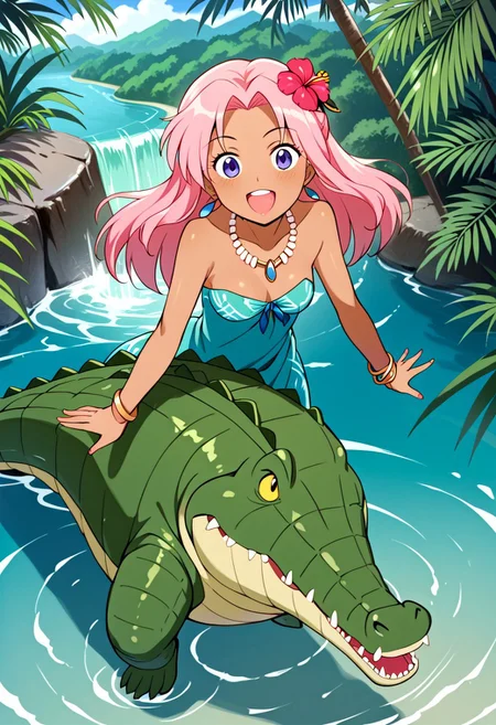 Tick tock crocodile,male animal focus,tail, crocodile ,large mouth open ,green skin, blue eyes, Tick Tock the crocodile is giant and very huge size,teeth, swimming in water,partially submerged,Tick Tock the crocodile looking at a young girl who she is standing on a tree branch hanging high up. Little_Girl_anime_manga,long hair,pink hair, dark-skinned female,the girl her very smal size, purple eyes, ancient tropical_clothe, chest_band,red very long_dress, jewelry, dark skin, smile, necklace,hair flower, bracelet, anklet, barefoot,open mouth,river,palm trees, jungle,view from above, Disney, waterfall,anime, manga