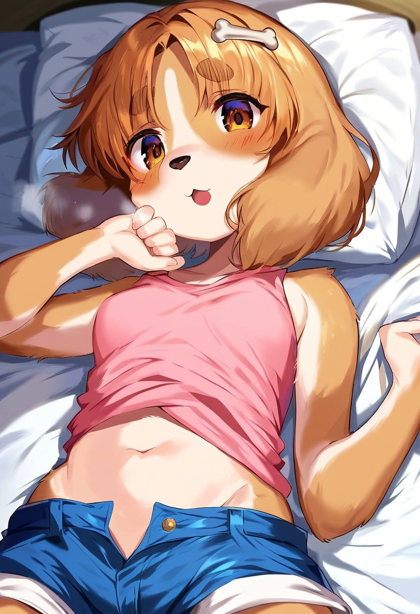 Solo, 1girl, female, young, small body, shortstack, cute face, furry, dog ears, dog tail, dog girl, small breasts, body fur, bone hair ornament, brown hair, brown eyes, animal nose, bangs, thick eyebrows, short hair, detailed eyes, detailed skin, detailed eyes, perfect face, aroused, hard breath, hard blush, mouth open, BREAK pink shirt, sleeveless shirt, short shorts, blue shorts, shirt pulled up, belly exposed, midriff, navel, BREAK laying back on bed, bed, bedroom, indoors, colorful, looking at viewer, upper view, BREAK ((ultra-detailed)), ((best quality)), ((best quality)), ((beautiful eyes)), ((extremely detailed)), 4K, (8K), best quality, (beautiful), Master piece, highres, score_9, score_8_up, score_7_up, score_6_up, score_5_up, score_4_up, colorful, best quality, official art, highres, masterpiece, nai3, god light, detailed background, high quality background,